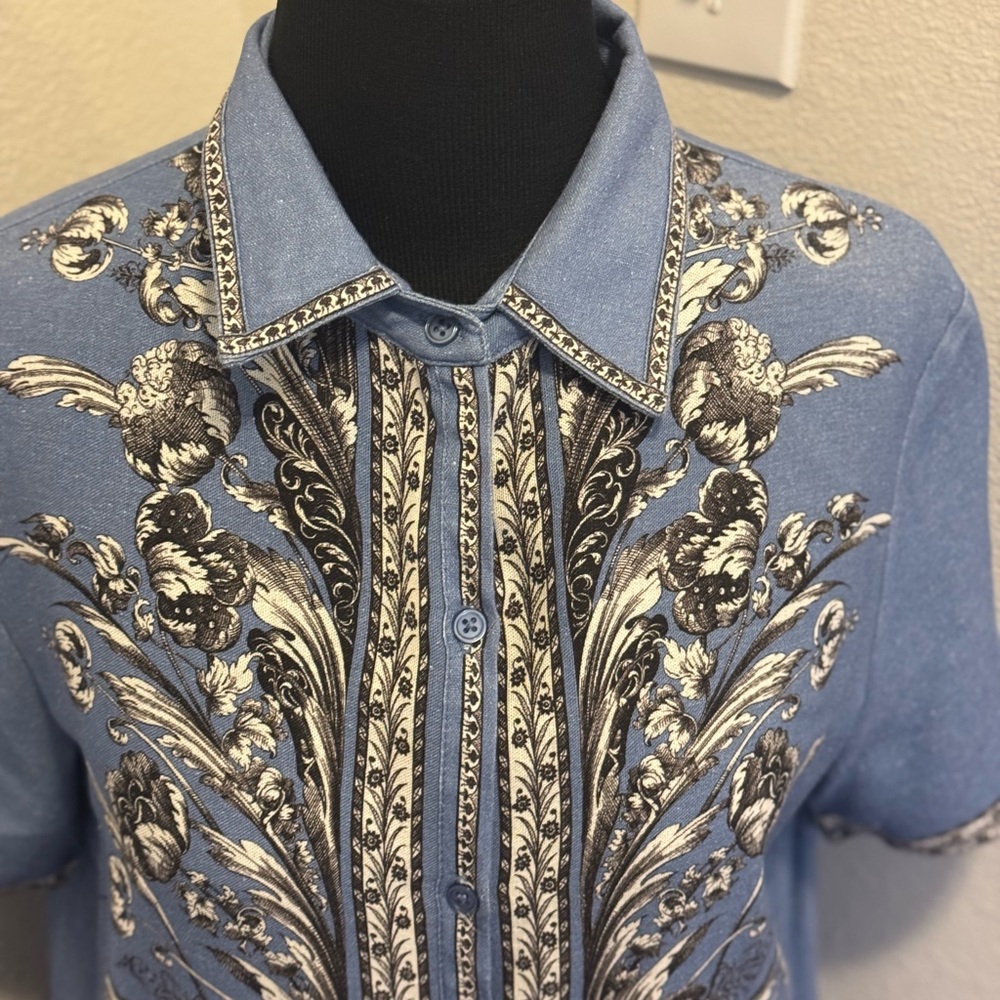 Max Studio Blue Linen Blend Shirt Dress Embroidered Size M NEW - Picture 3 of 12